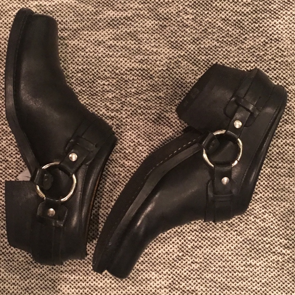 Frye Black Belted Harness Mules